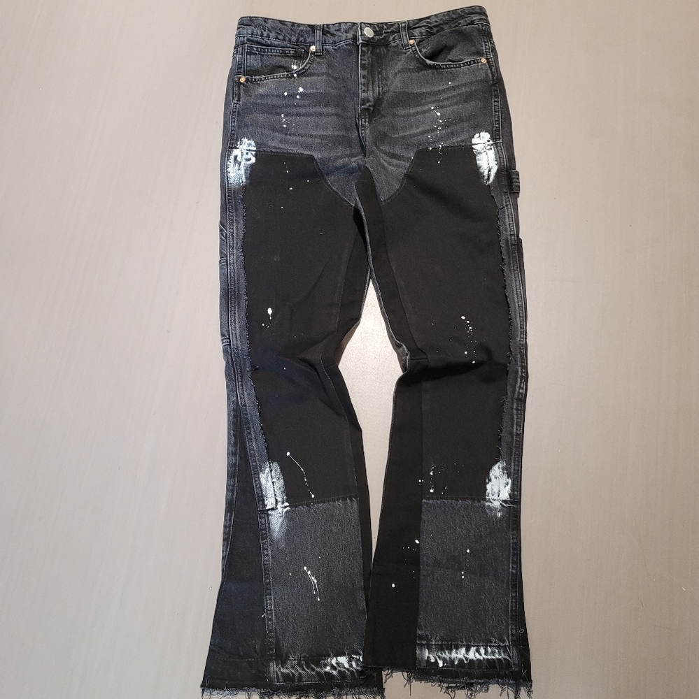 Reputation Studios Flare Paint Splatter Carpenter Black Denim Jeans